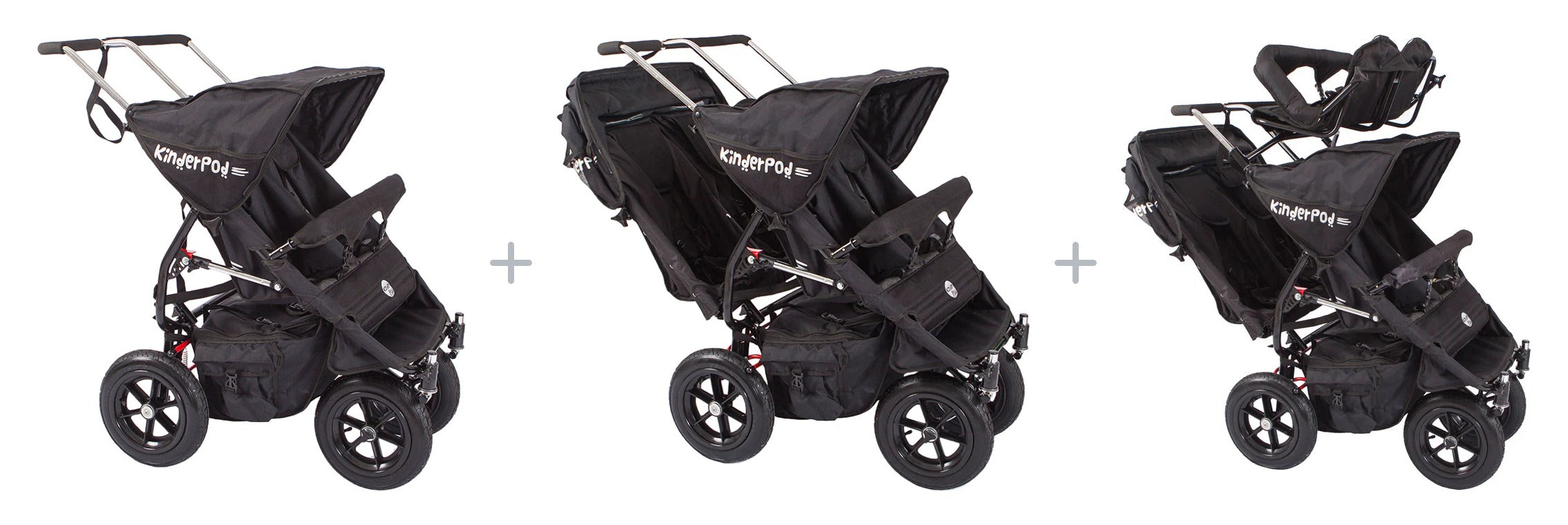 A KinderPod base shown in three configurations, from two seats to six